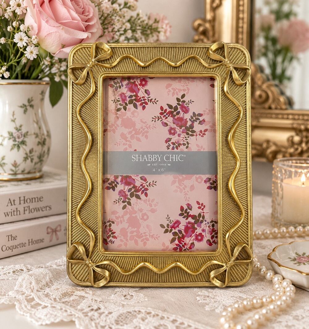 Shabby Chic Gold Bow Ribbon Picture Frame 4x6 Ornate Romantic Cottage Decor
